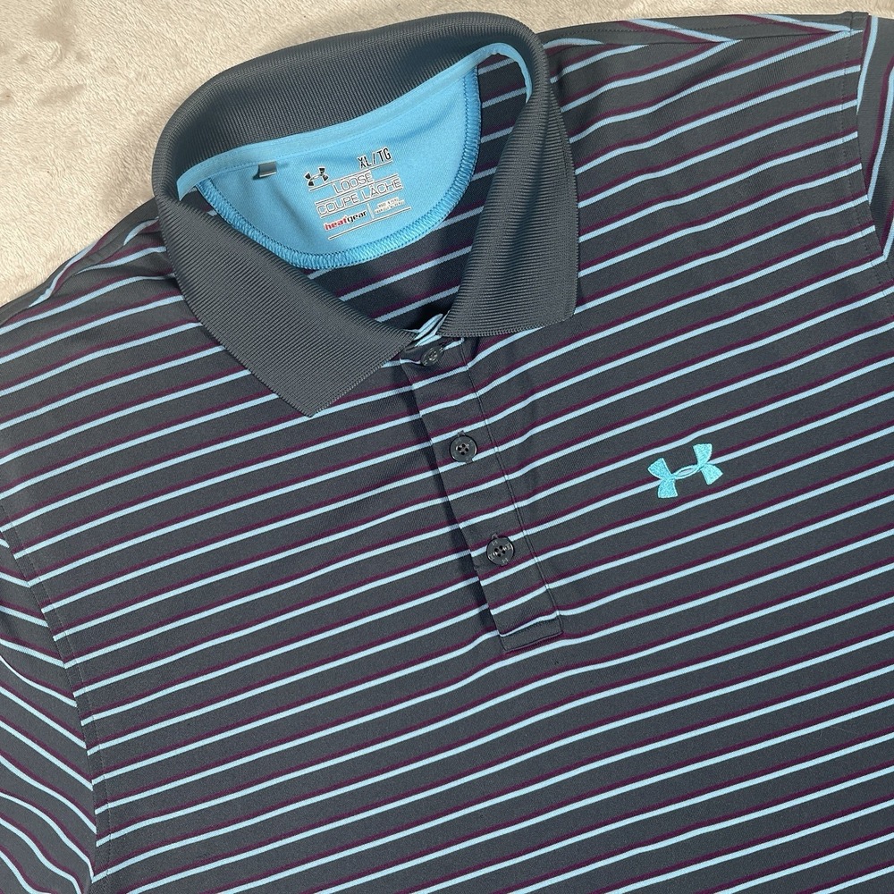 Under Armour Heatgear Loose Polo Mens XL Gray Blue Striped Golf Performance